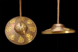 Gold Plated Tingsha with 8 Auspicious Symbols 8.5cm