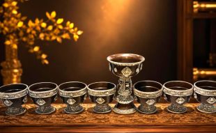 Tibetan Style Finely Crafted Silver-Gilded Seven Offering Bowls with Butter Lamp Set