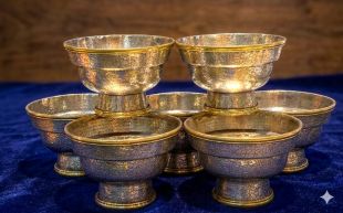Exquisitely Engraved White Copper Seven Offering Bowl Set