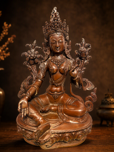 Finely Carved Red Copper Green Tara Statue