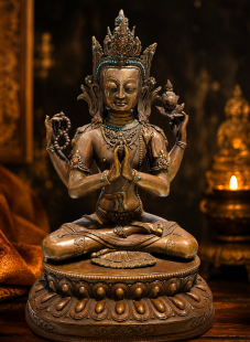 Finely Carved Red Copper Four-Armed Guanyin Statue