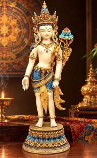 Avalokiteshvara Bodhisattva(Finely hand-carved, partly gold-gilded, hand-painted, and inlaid with gemstones)